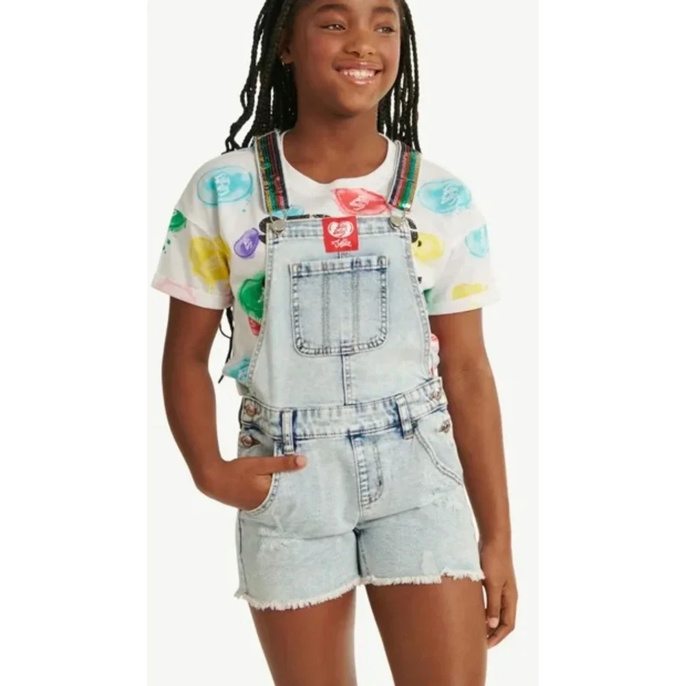 Justice X Jelly Belly Girls Denim‎ Shortalls Rainbow Sequin Straps Size 16